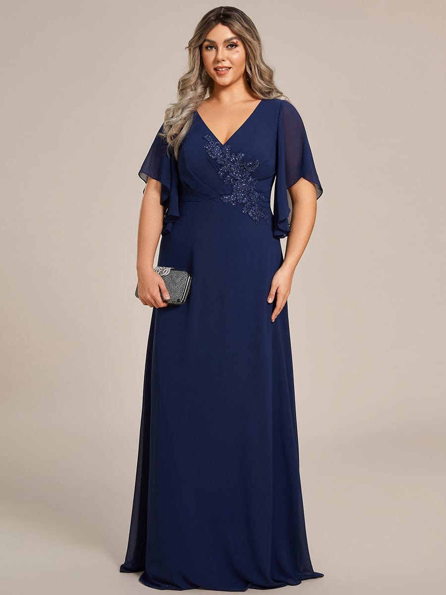 Plus Size Chiffon Ruffle Sleeve Mother of the Bride Dress with Waist Applique