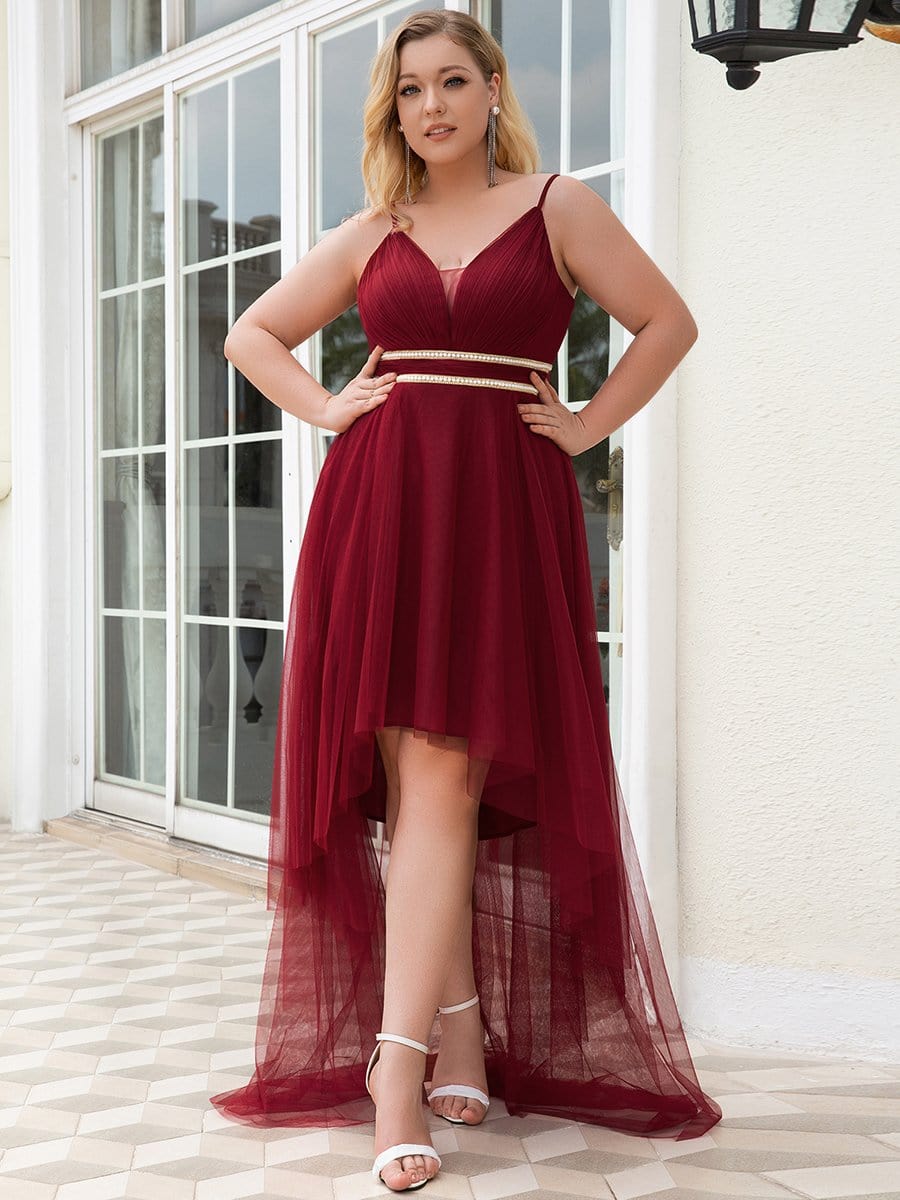 Plus Size Stylish High-Low Tulle Prom Dress with Beaded Belt