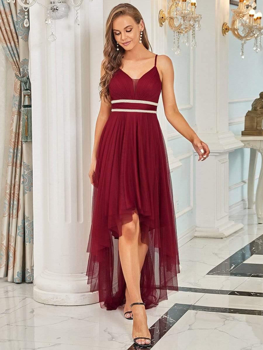 Stylish High-Low Tulle Prom Dress with Beaded Belt