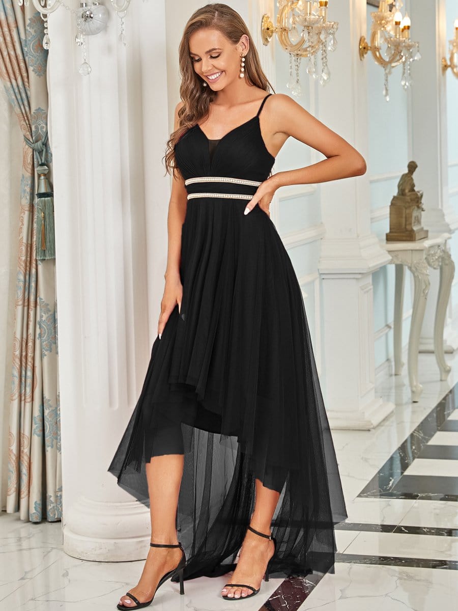 Stylish High-Low Tulle Prom Dress with Beaded Belt