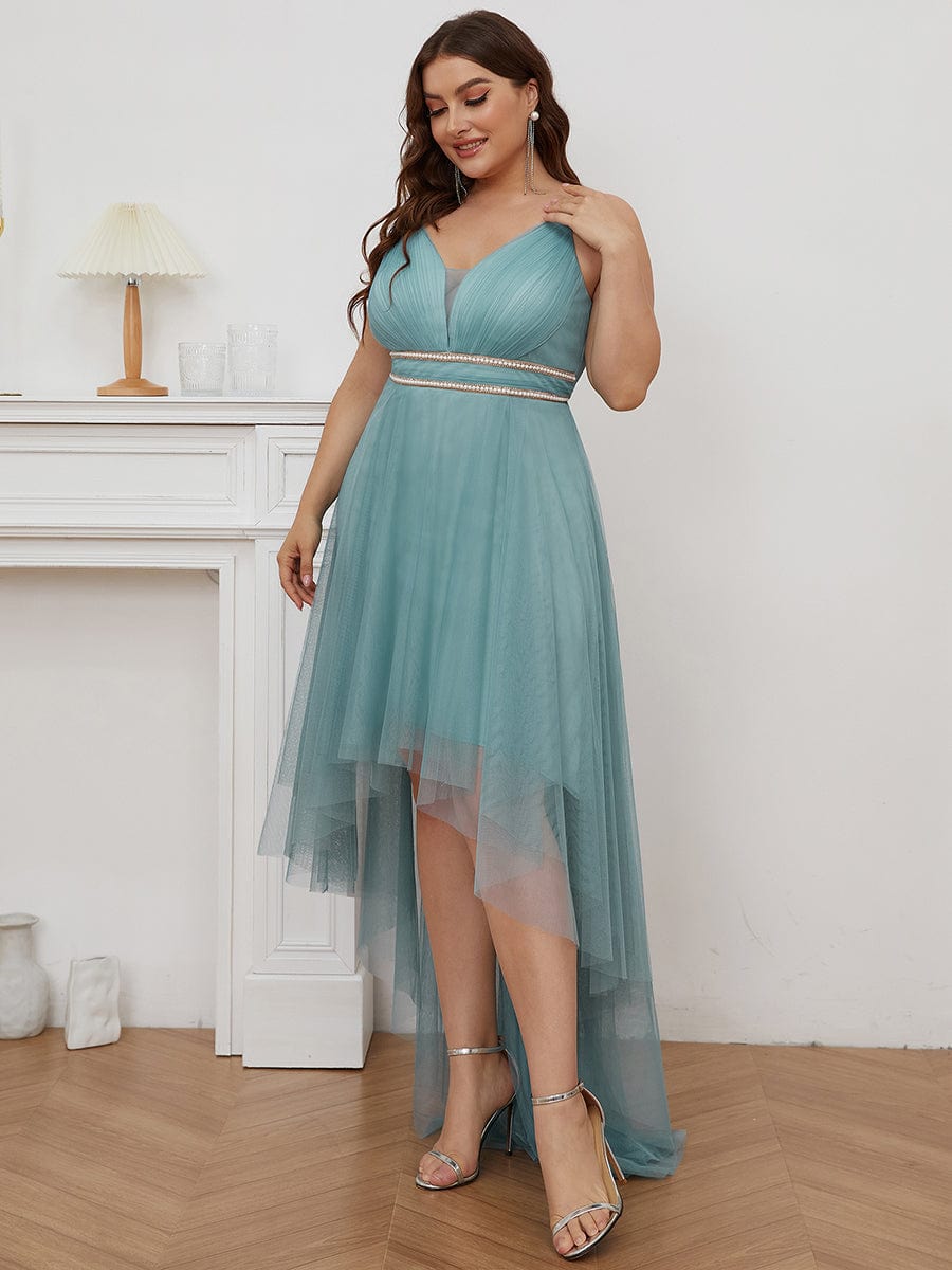 Plus Size Stylish High-Low Tulle Prom Dress with Beaded Belt