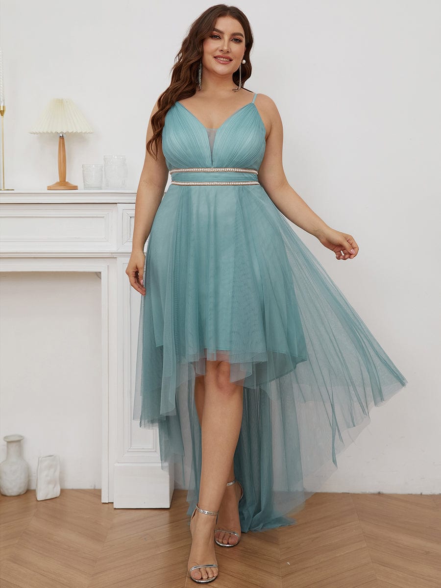 Stylish High-Low Tulle Prom Dress with Beaded Belt