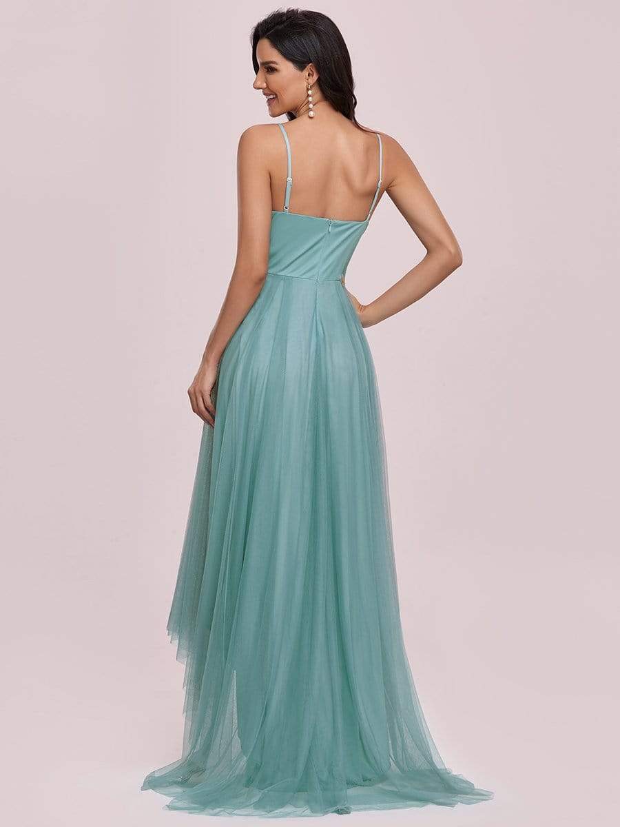 Stylish High-Low Tulle Prom Dress with Beaded Belt