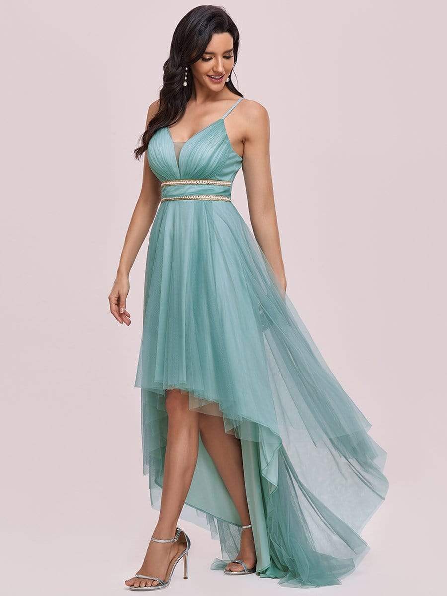 Stylish High-Low Tulle Prom Dress with Beaded Belt