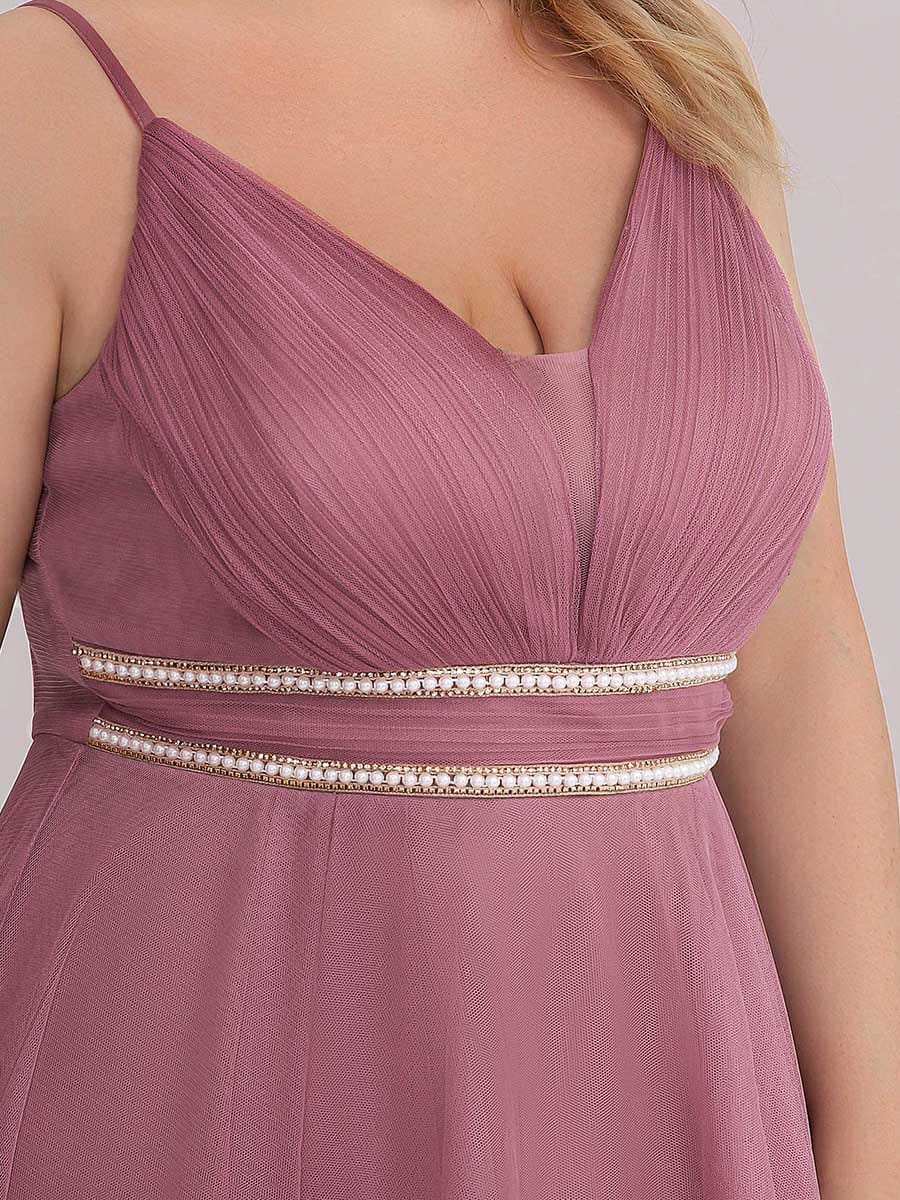 Plus Size Stylish High-Low Tulle Prom Dress with Beaded Belt