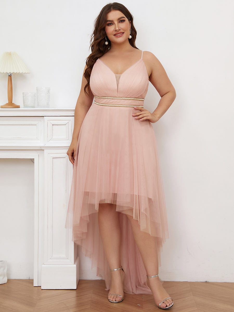 Stylish High-Low Tulle Prom Dress with Beaded Belt