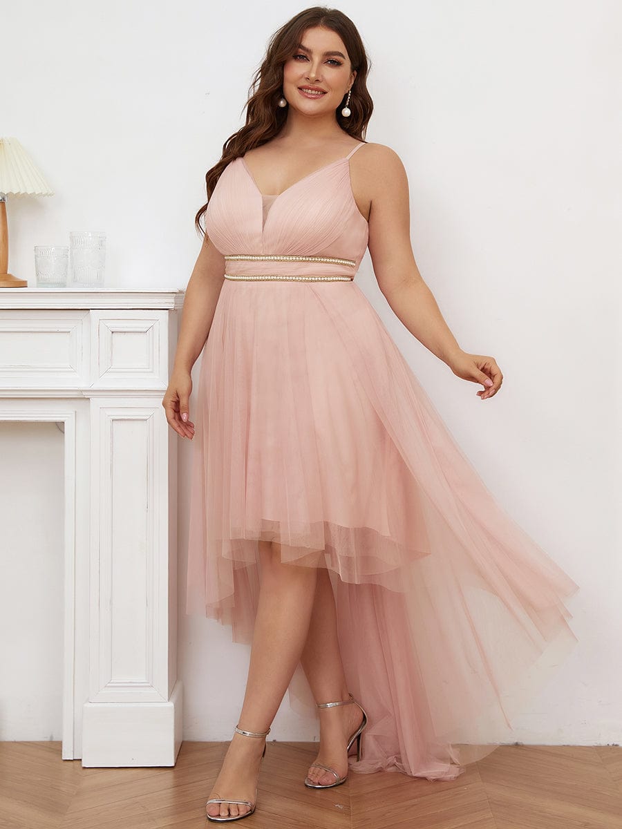 Stylish High-Low Tulle Prom Dress with Beaded Belt