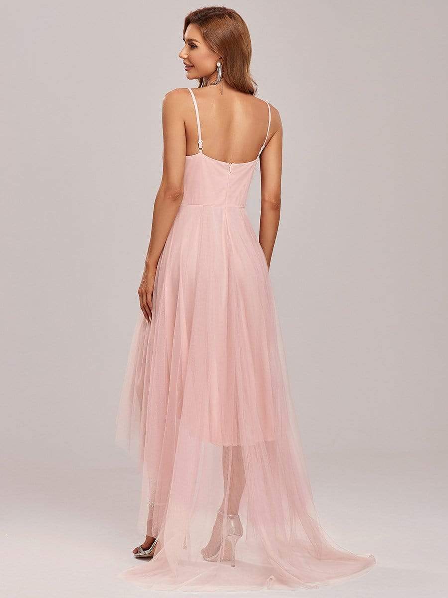 Stylish High-Low Tulle Prom Dress with Beaded Belt