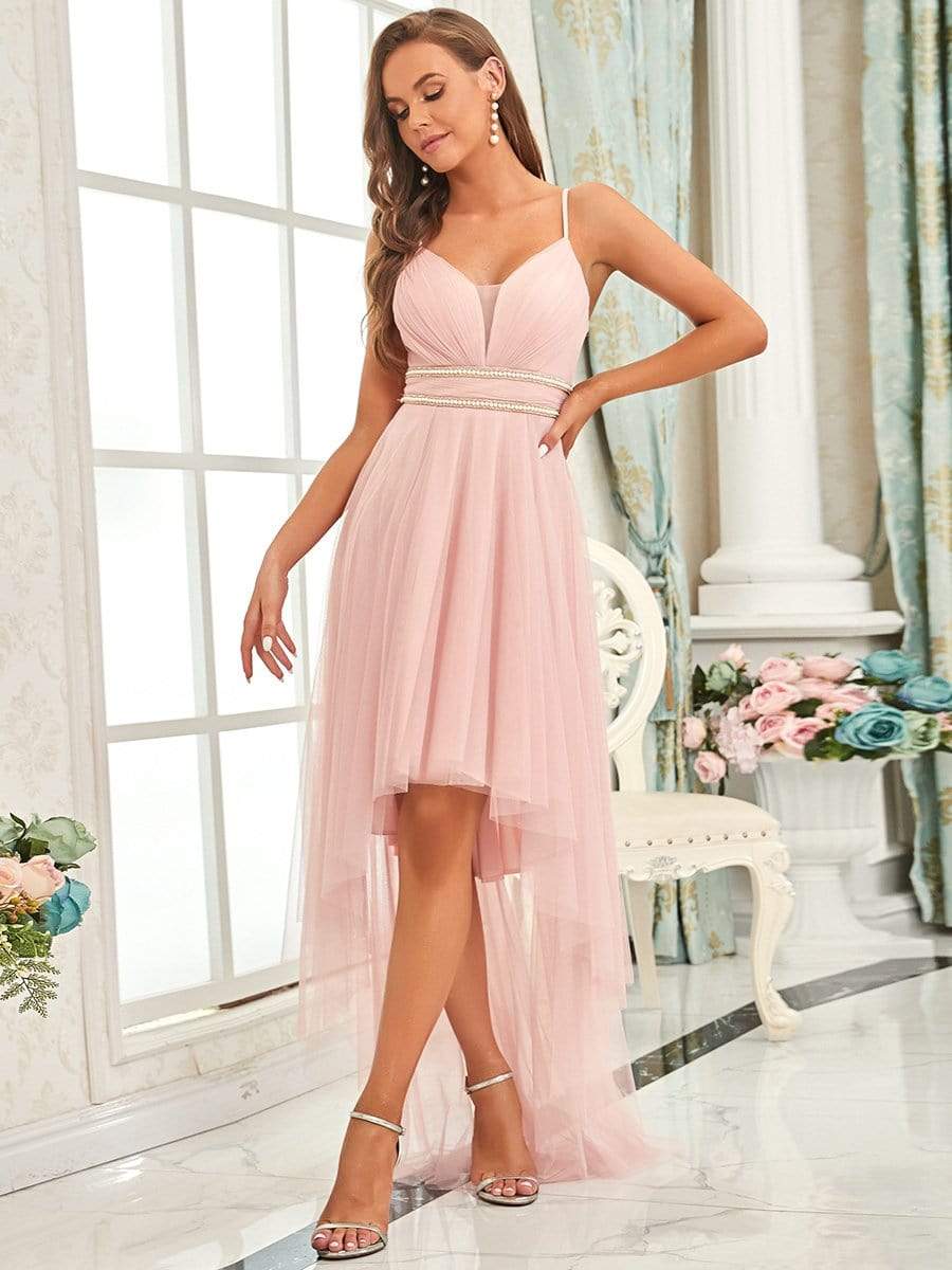 Stylish High-Low Tulle Prom Dress with Beaded Belt