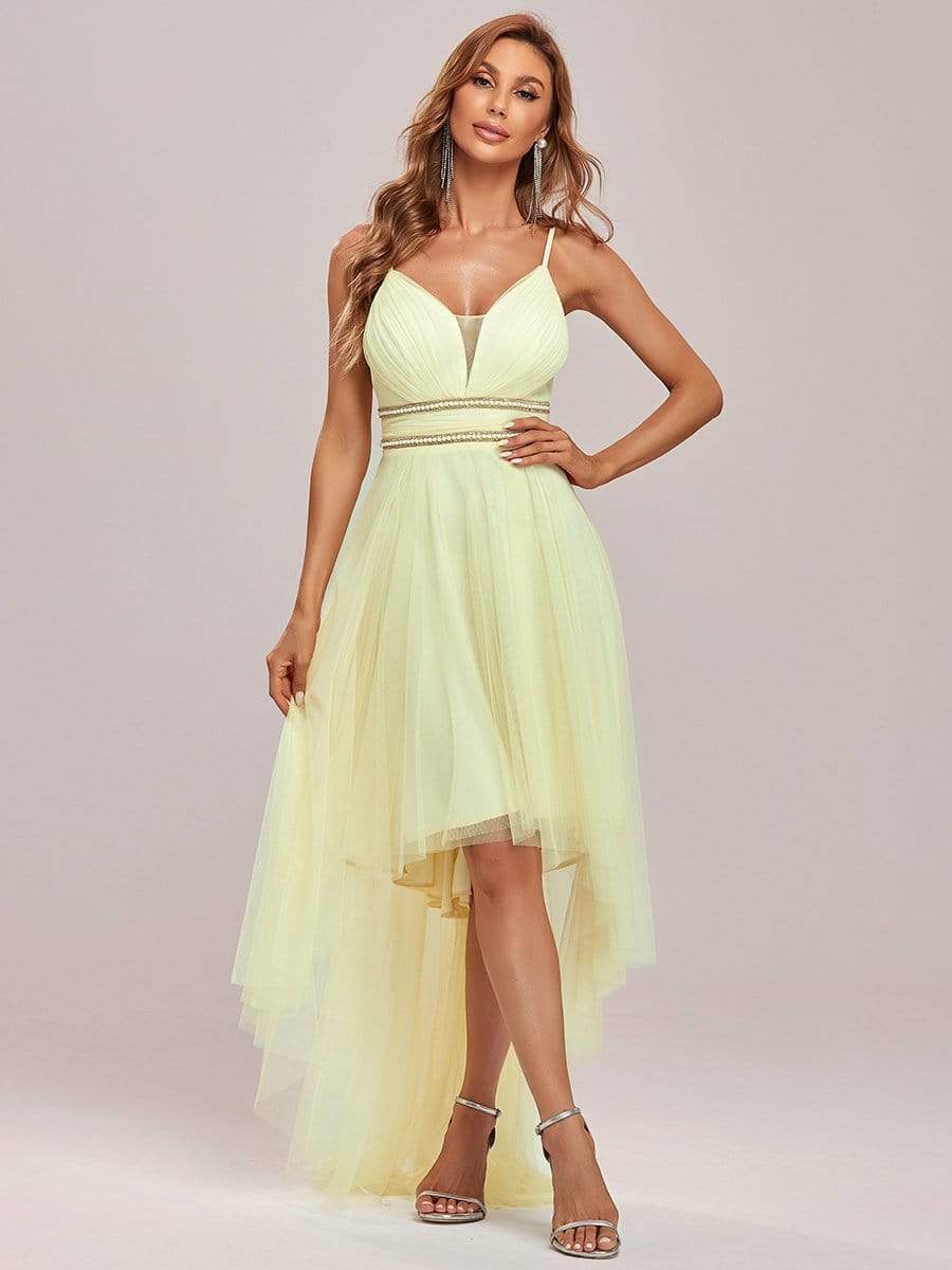 Stylish High-Low Tulle Prom Dress with Beaded Belt