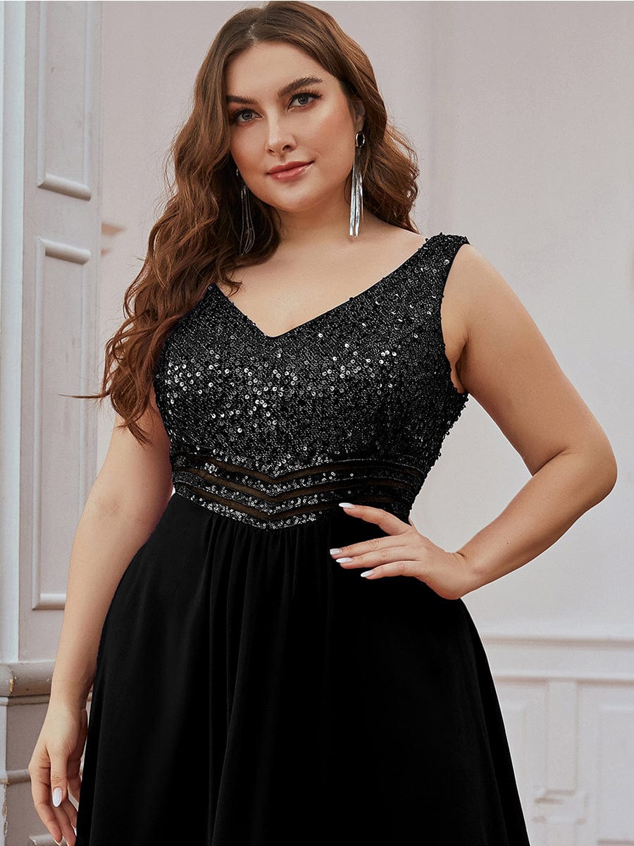 Elegant Paillette & Chiffon V-neck A-line Sleeveless Plus Size Evening Dresses