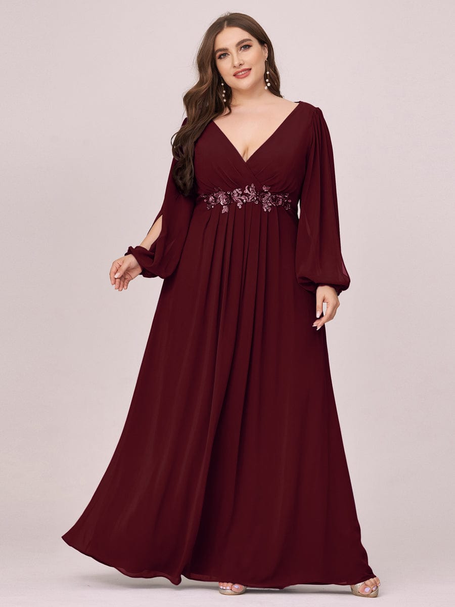 Custom Size Lantern Long Slit Sleeve Deep V Applique Maxi Evening Dress