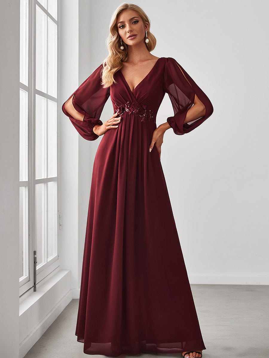 Custom Size Lantern Long Slit Sleeve Deep V Applique Maxi Evening Dress