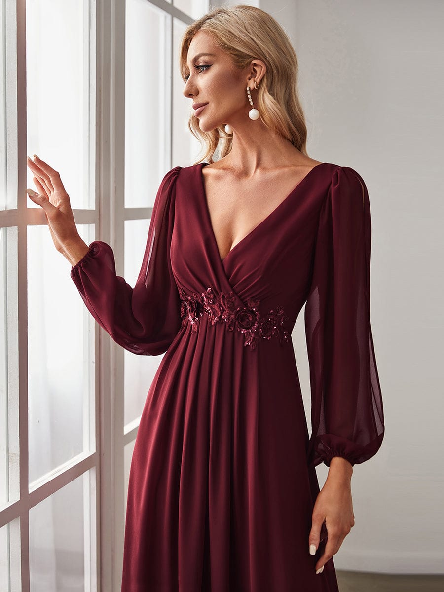 Custom Size Lantern Long Slit Sleeve Deep V Applique Maxi Evening Dress