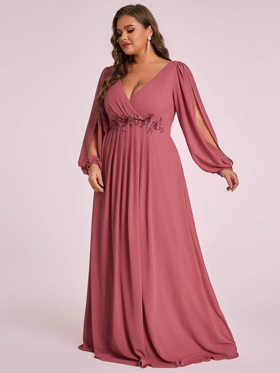 Custom Size Lantern Long Slit Sleeve Deep V Applique Maxi Evening Dress