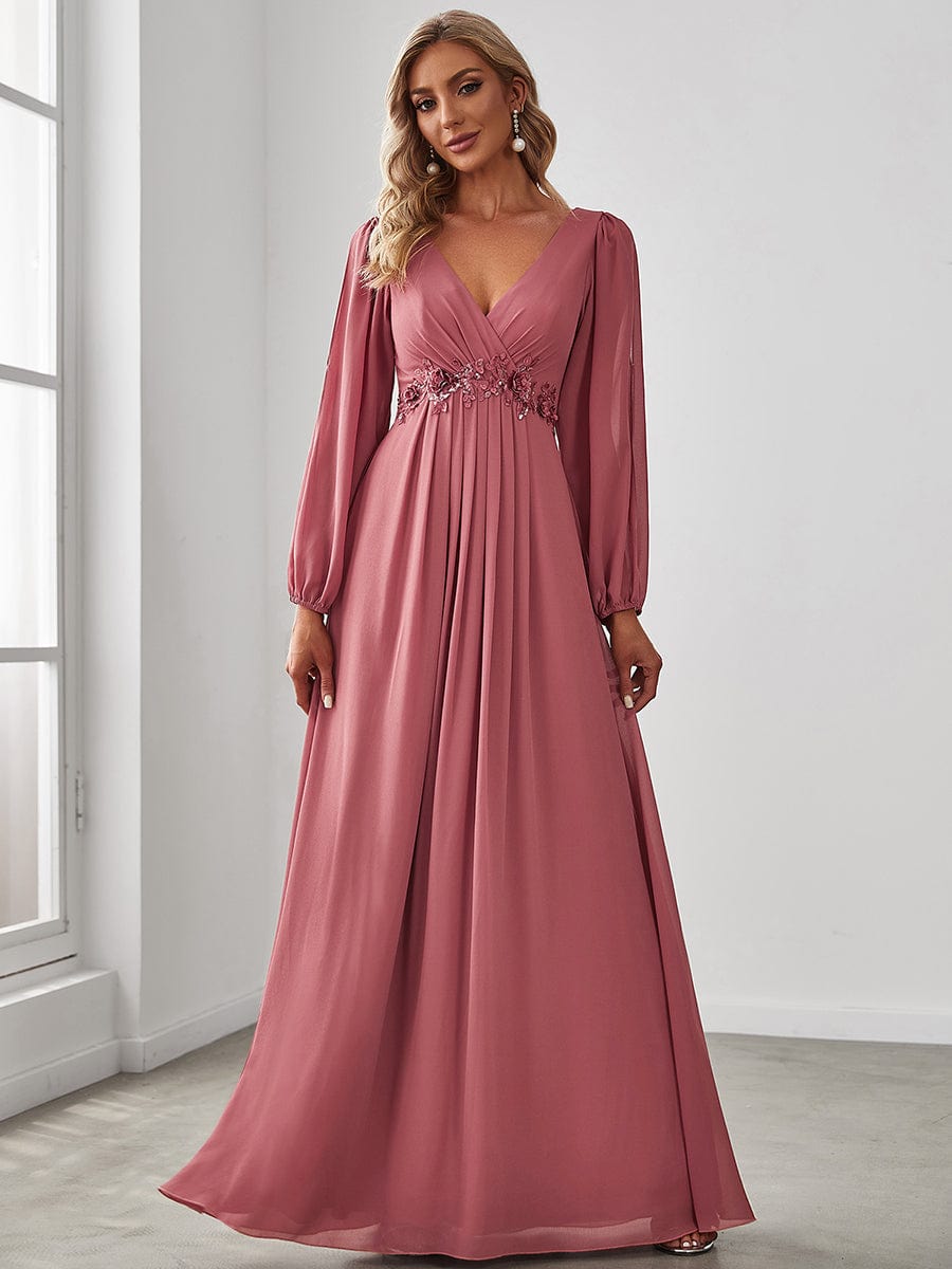 Custom Size Lantern Long Slit Sleeve Deep V Applique Maxi Evening Dress