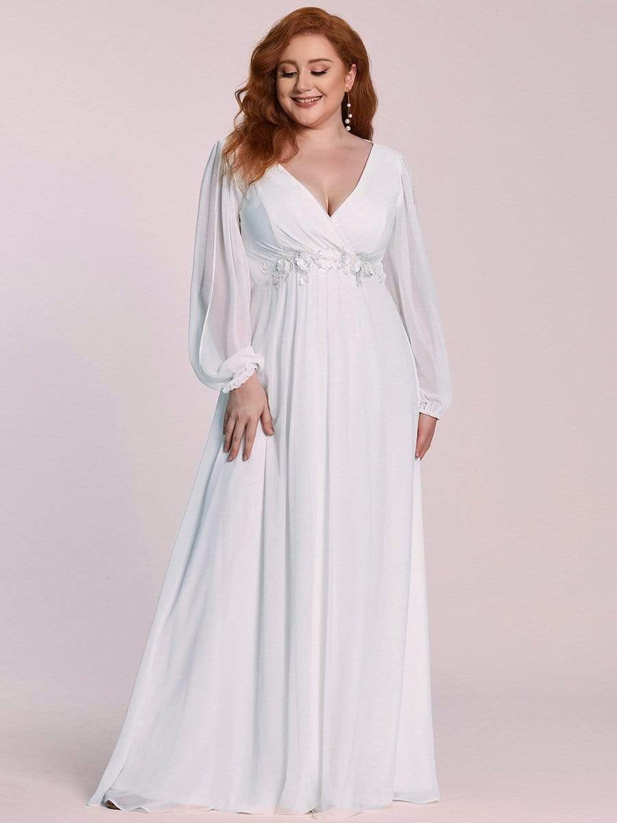 Custom Size Lantern Long Slit Sleeve Deep V Applique Maxi Evening Dress