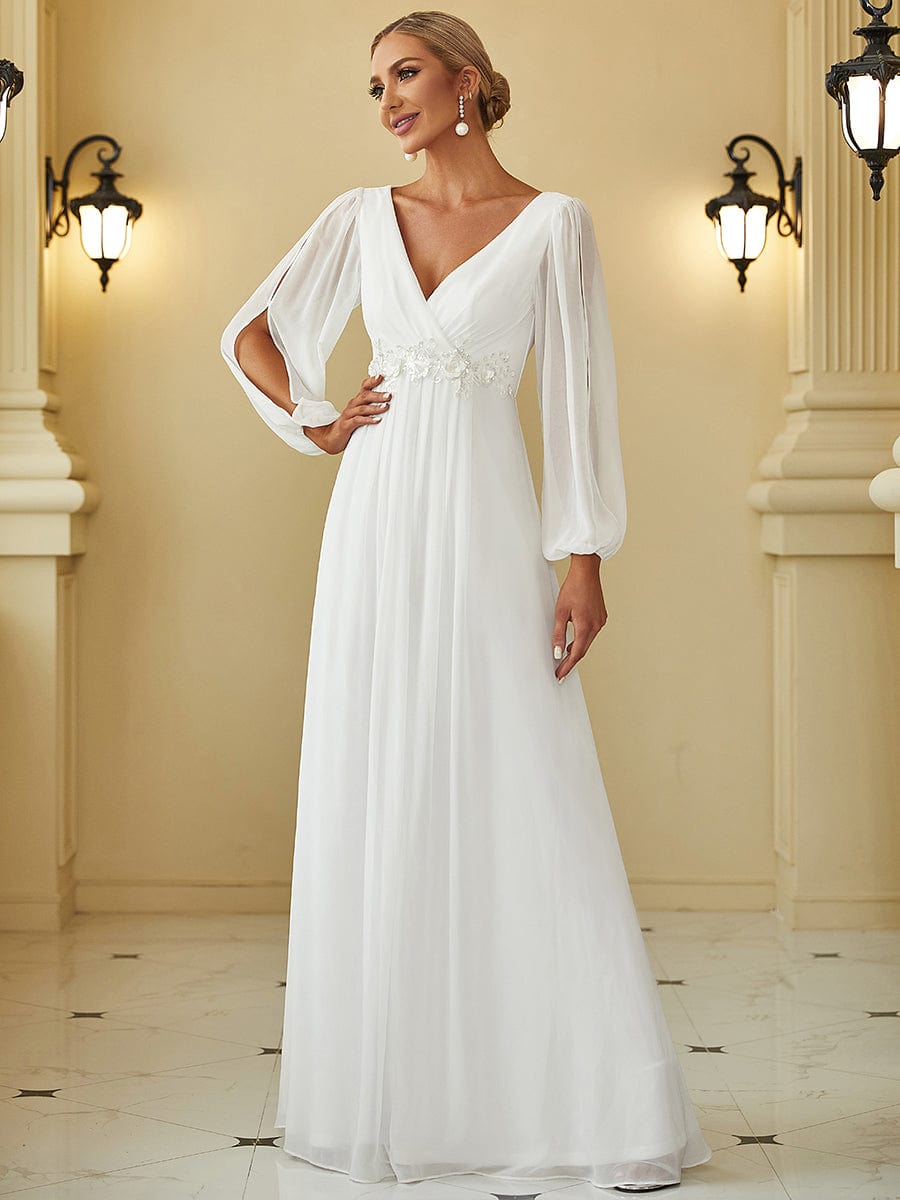 Custom Size Lantern Long Slit Sleeve Deep V Applique Maxi Evening Dress