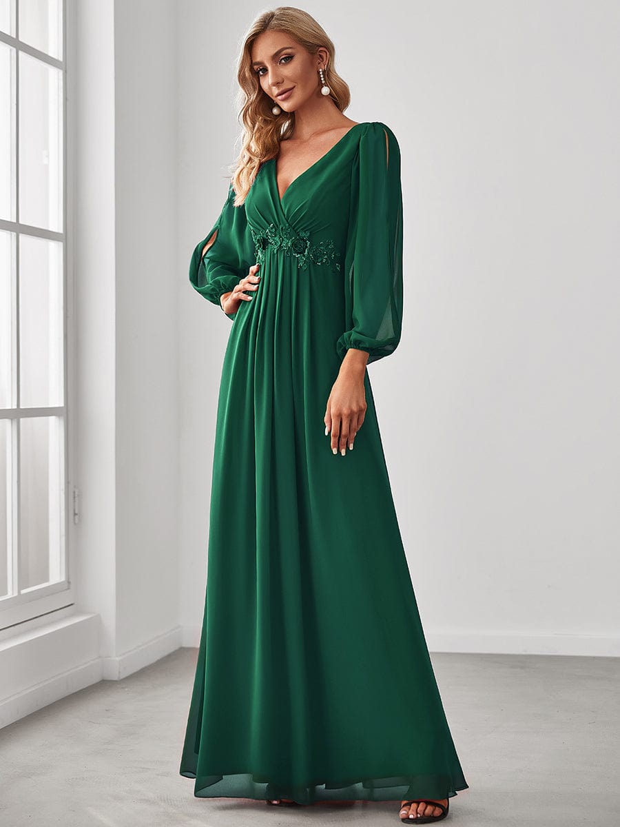 Custom Size Lantern Long Slit Sleeve Deep V Applique Maxi Evening Dress