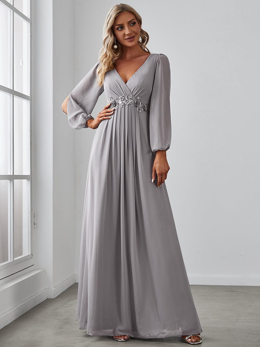 Custom Size Lantern Long Slit Sleeve Deep V Applique Maxi Evening Dress