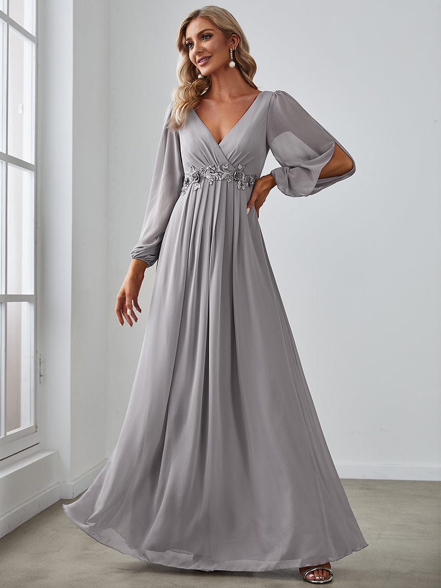 Custom Size Lantern Long Slit Sleeve Deep V Applique Maxi Evening Dress