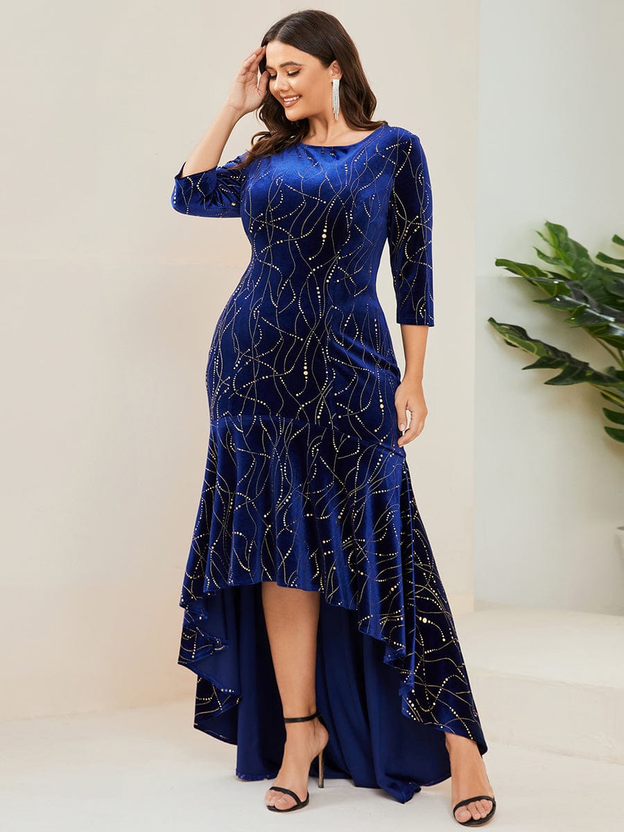 Elegant Plus Size Bodycon High-Low Velvet Party Dress