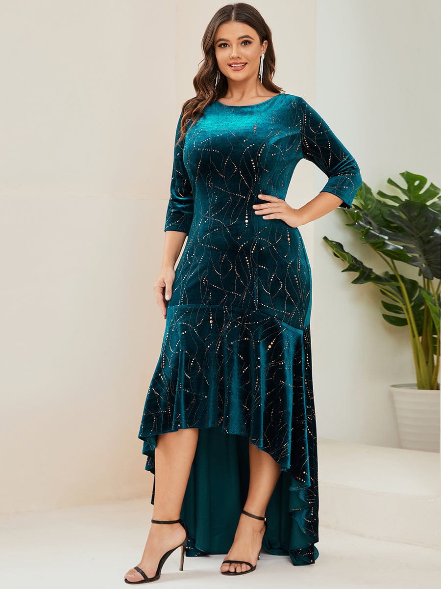 Elegant Plus Size Bodycon High-Low Velvet Party Dress