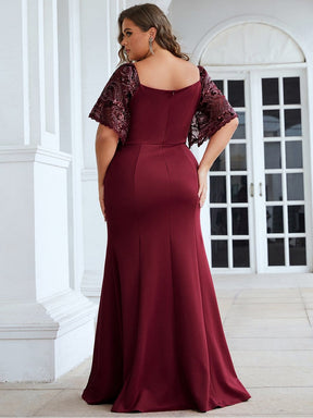 Color=Burgundy | Elegant Plus Size V Neck Fishtail Evening Dress For Women-Burgundy 2