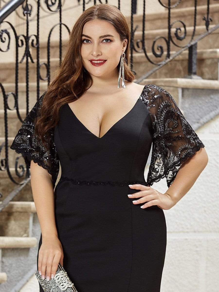 Plus Size V Neck Lace Sleeve Evening Dress for Women