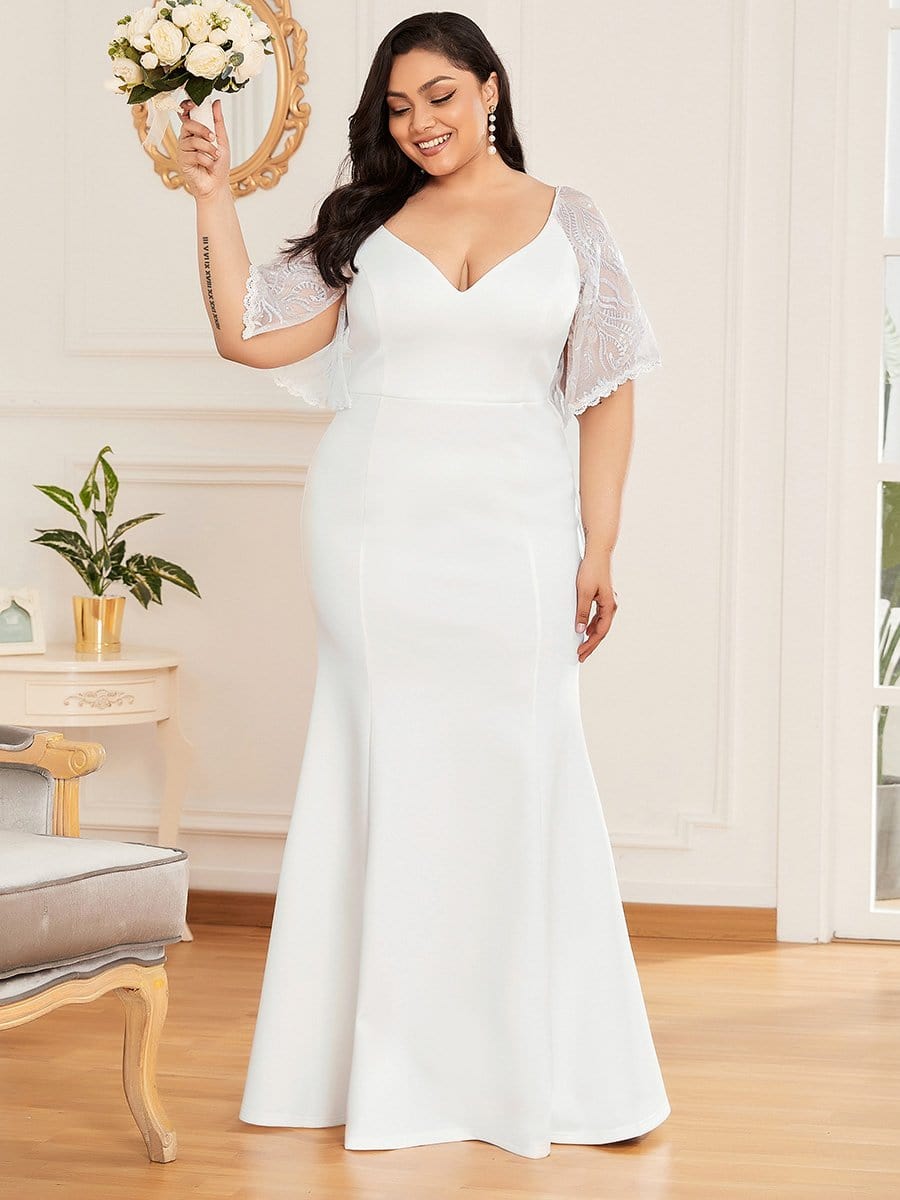 Plus Size V Neck Lace Sleeve Evening Dress for Women