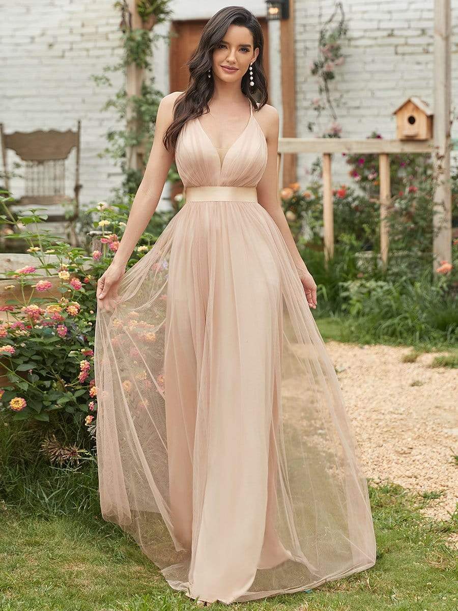 Sexy Deep V-neck Backless Tulle Maxi Evening Dresses