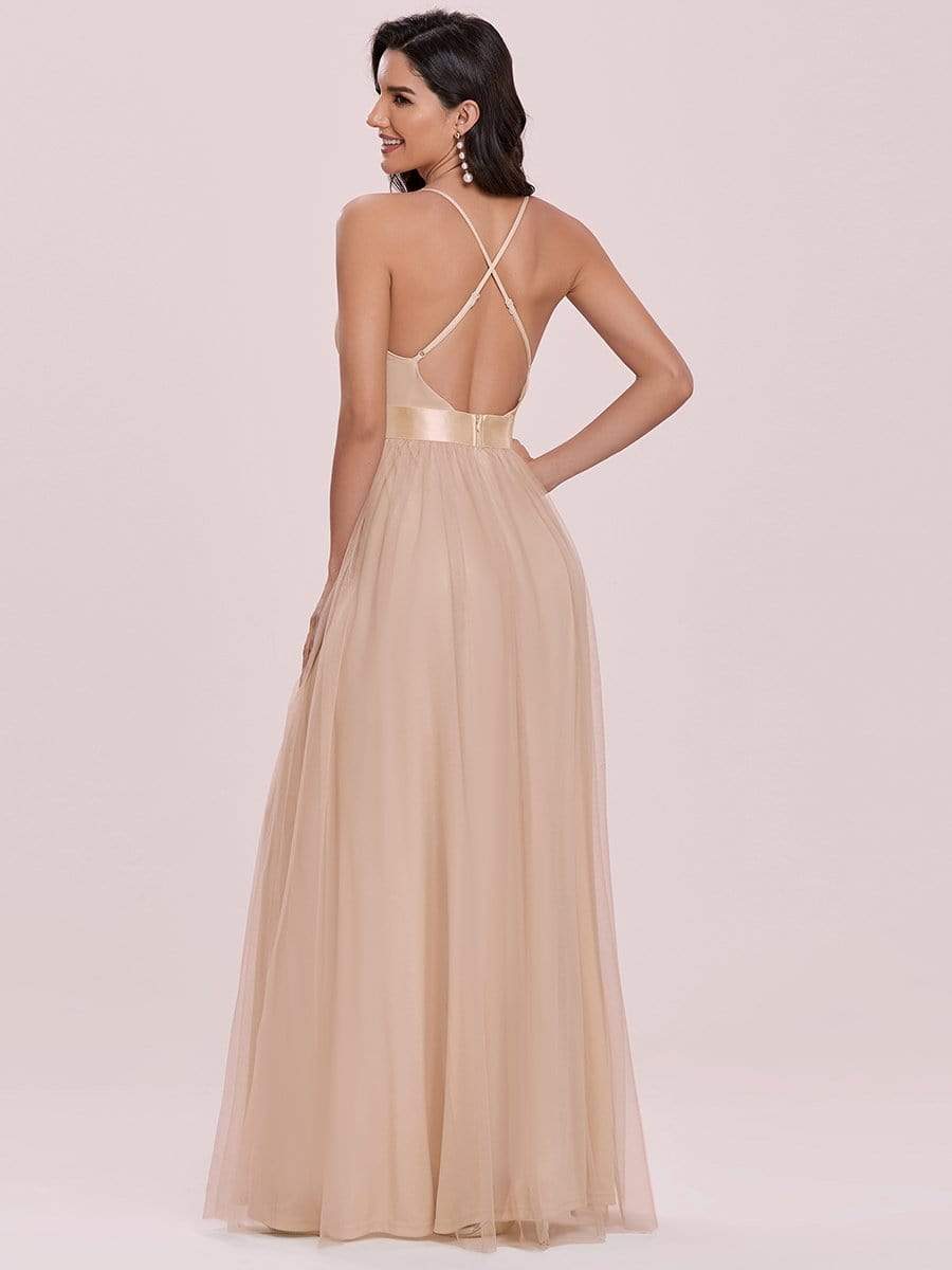 Sexy Deep V-neck Backless Tulle Maxi Evening Dresses