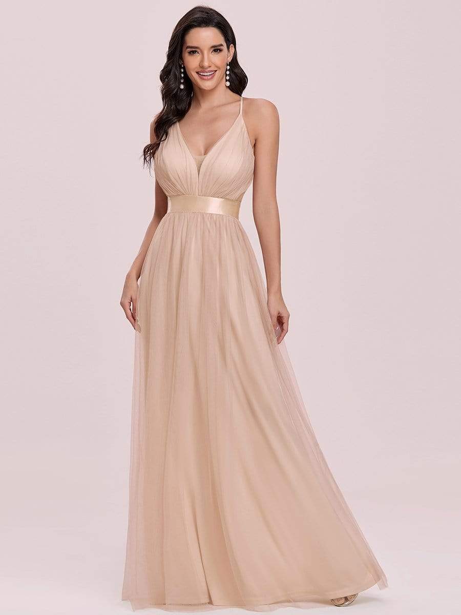 Sexy Deep V-neck Backless Tulle Maxi Evening Dresses