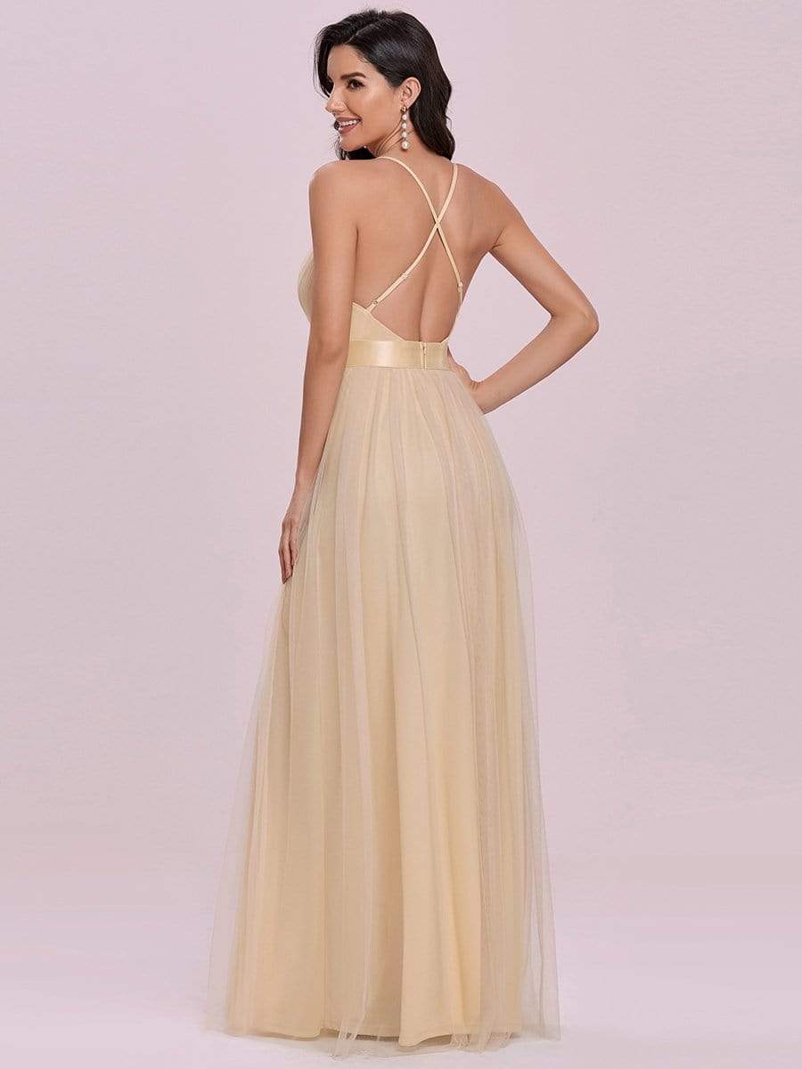 Sexy Deep V-neck Backless Tulle Maxi Evening Dresses