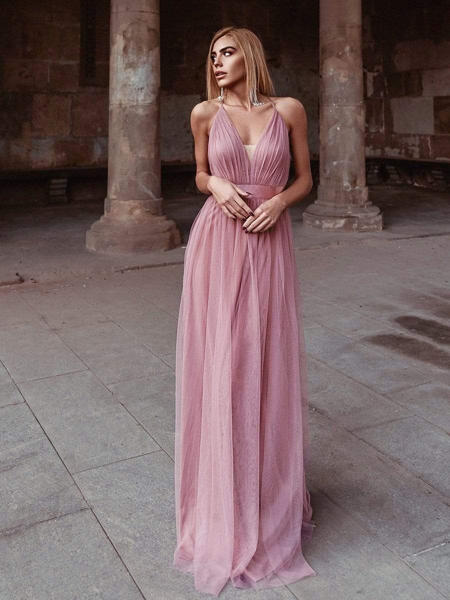 Sexy Deep V-neck Backless Tulle Maxi Evening Dresses