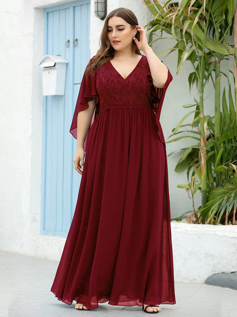 Women's Floor Length Deep V Neck Plus Size Evening Dress with Lace