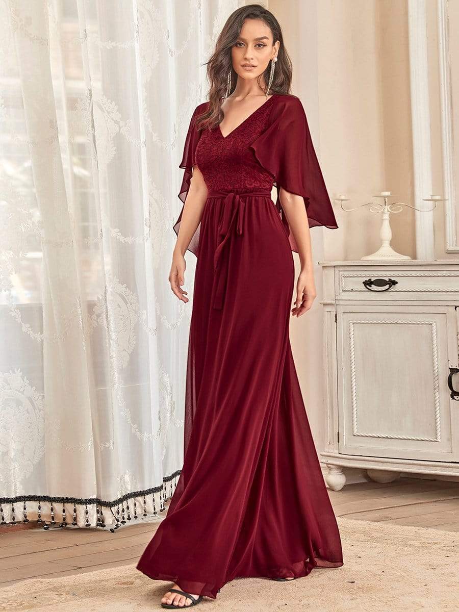 Elegant Maxi V Neck Chiffon Wedding Guest Dress with Sleeves