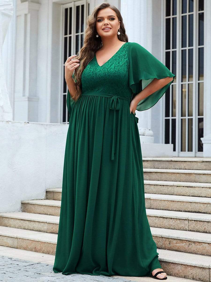 Women's Floor Length Deep V Neck Plus Size Evening Dress with Lace