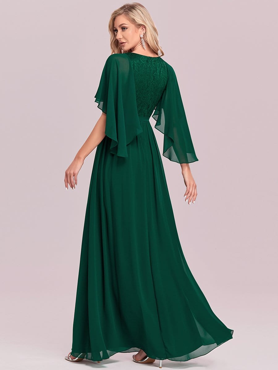 Elegant Maxi V Neck Chiffon Wedding Guest Dress with Sleeves