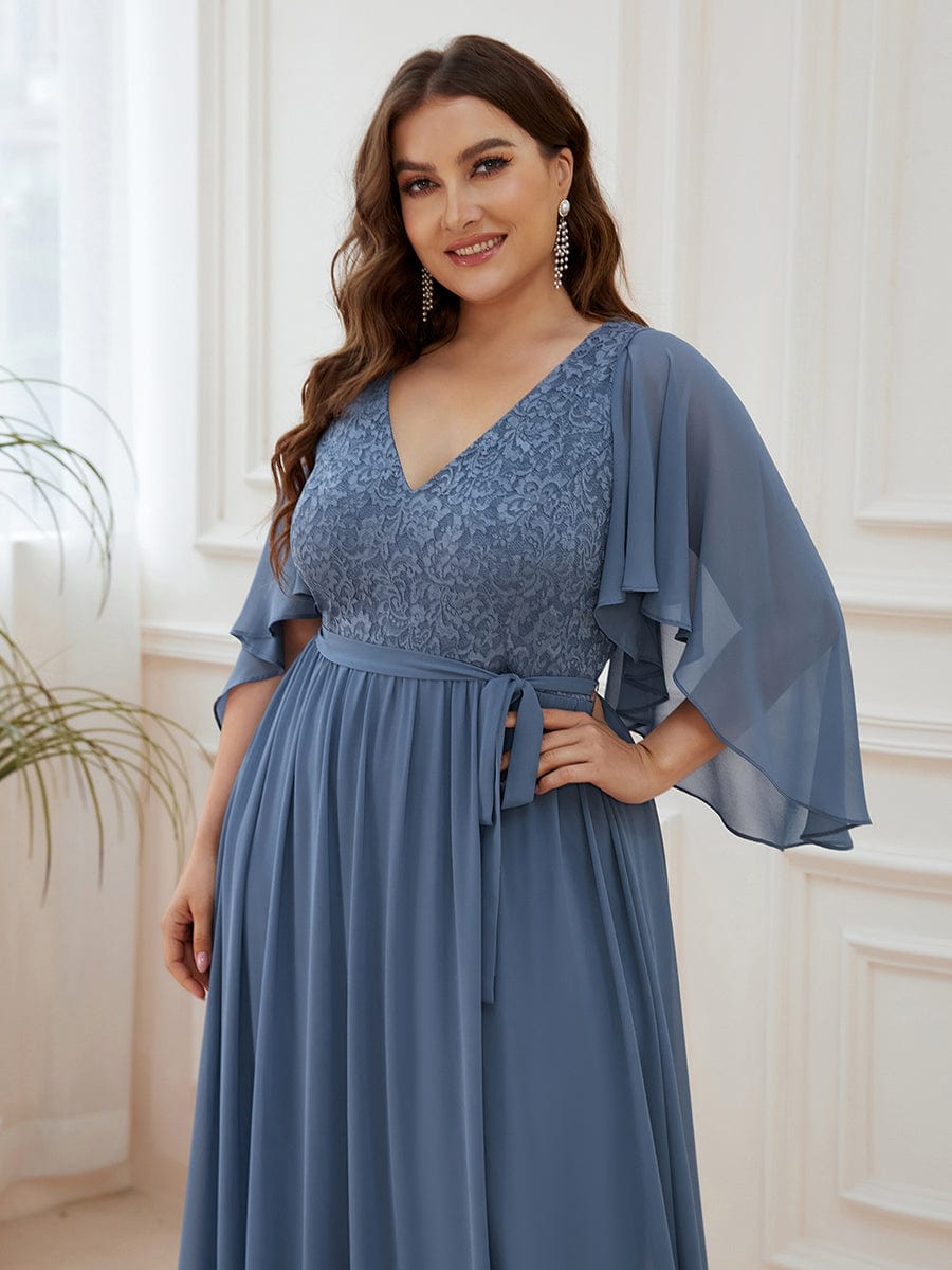 Elegant Maxi V Neck Chiffon Wedding Guest Dress with Sleeves