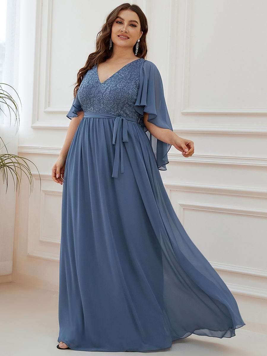 Elegant Maxi V Neck Chiffon Wedding Guest Dress with Sleeves