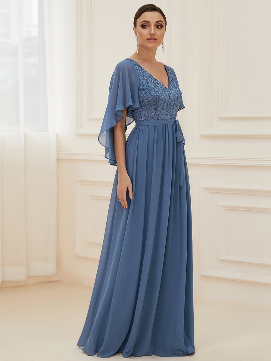 Elegant Maxi V Neck Chiffon Wedding Guest Dress with Sleeves