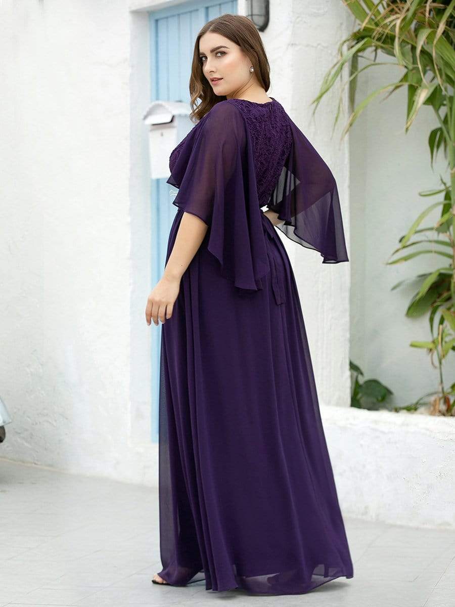 Elegant Maxi V Neck Chiffon Wedding Guest Dress with Sleeves