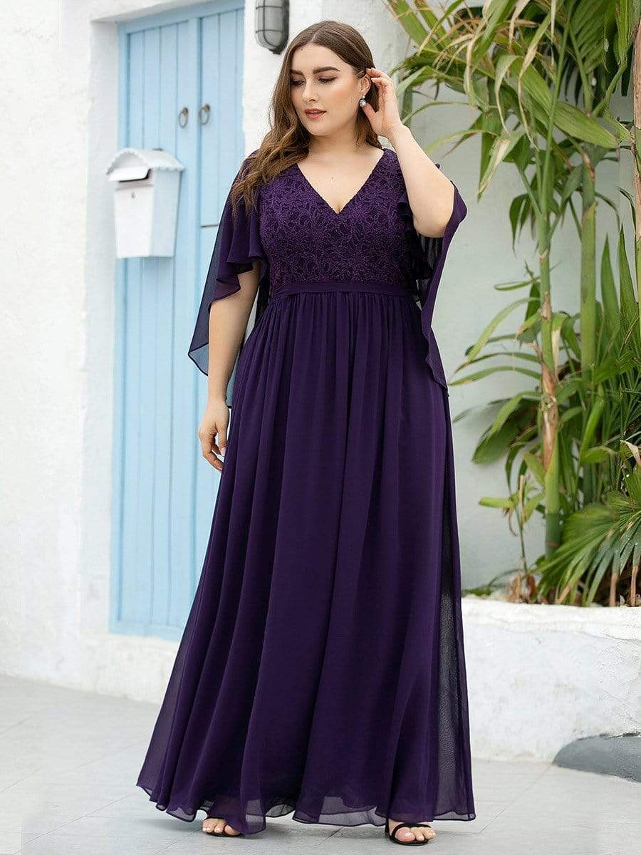 Women's Floor Length Deep V Neck Plus Size Evening Dress with Lace