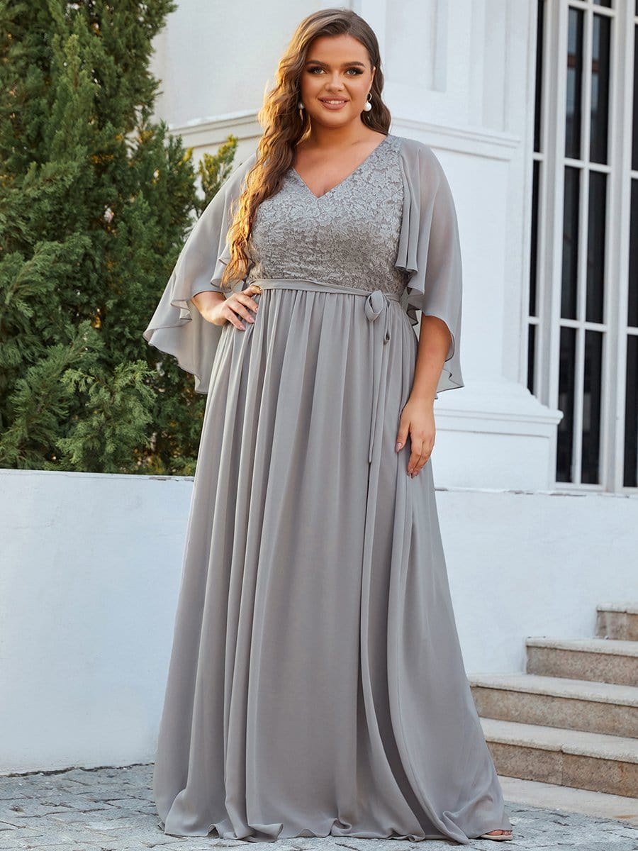 Elegant Maxi V Neck Chiffon Wedding Guest Dress with Sleeves