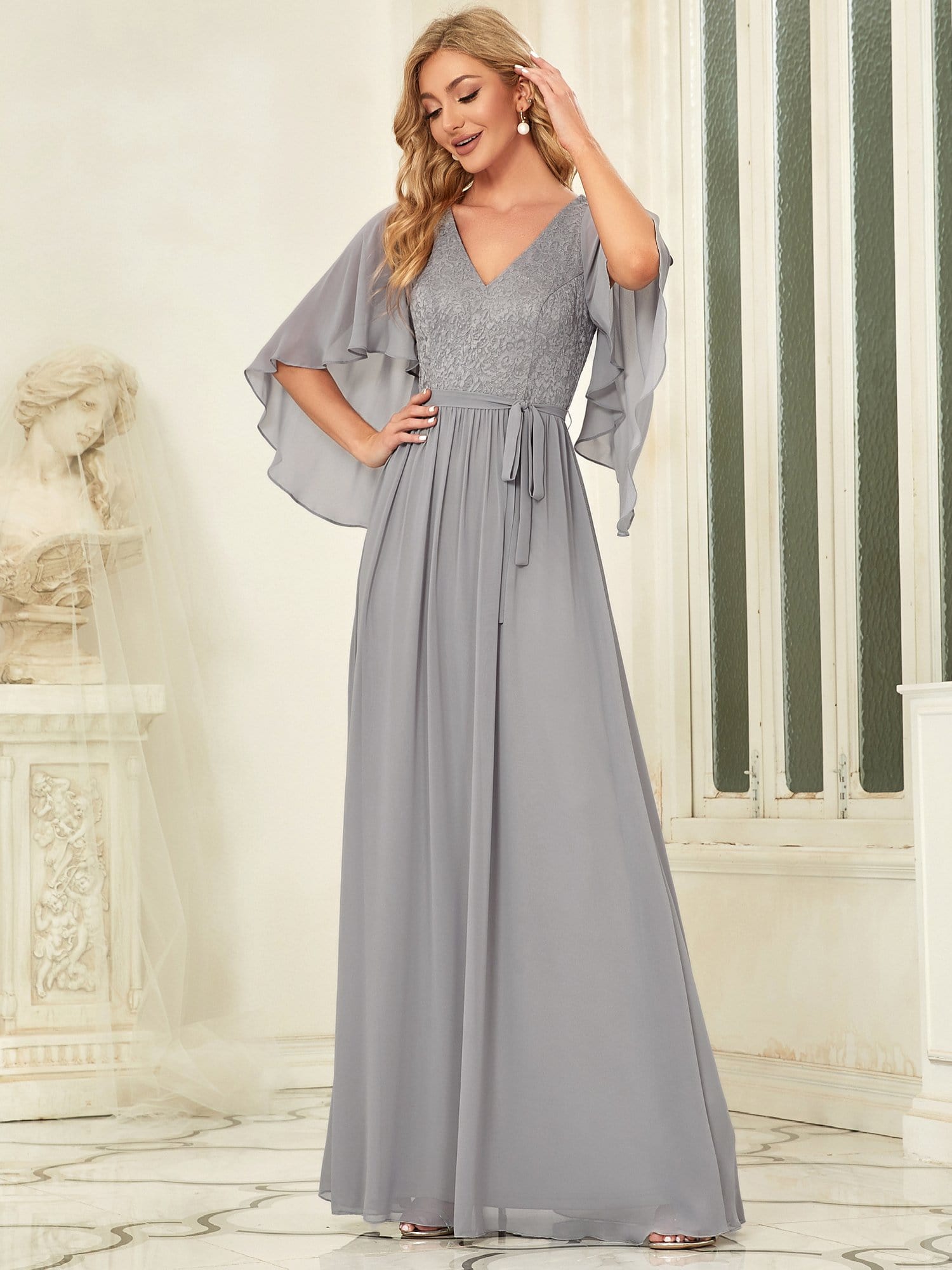 Elegant Deep V Neck Chiffon Maxi Evening Dress