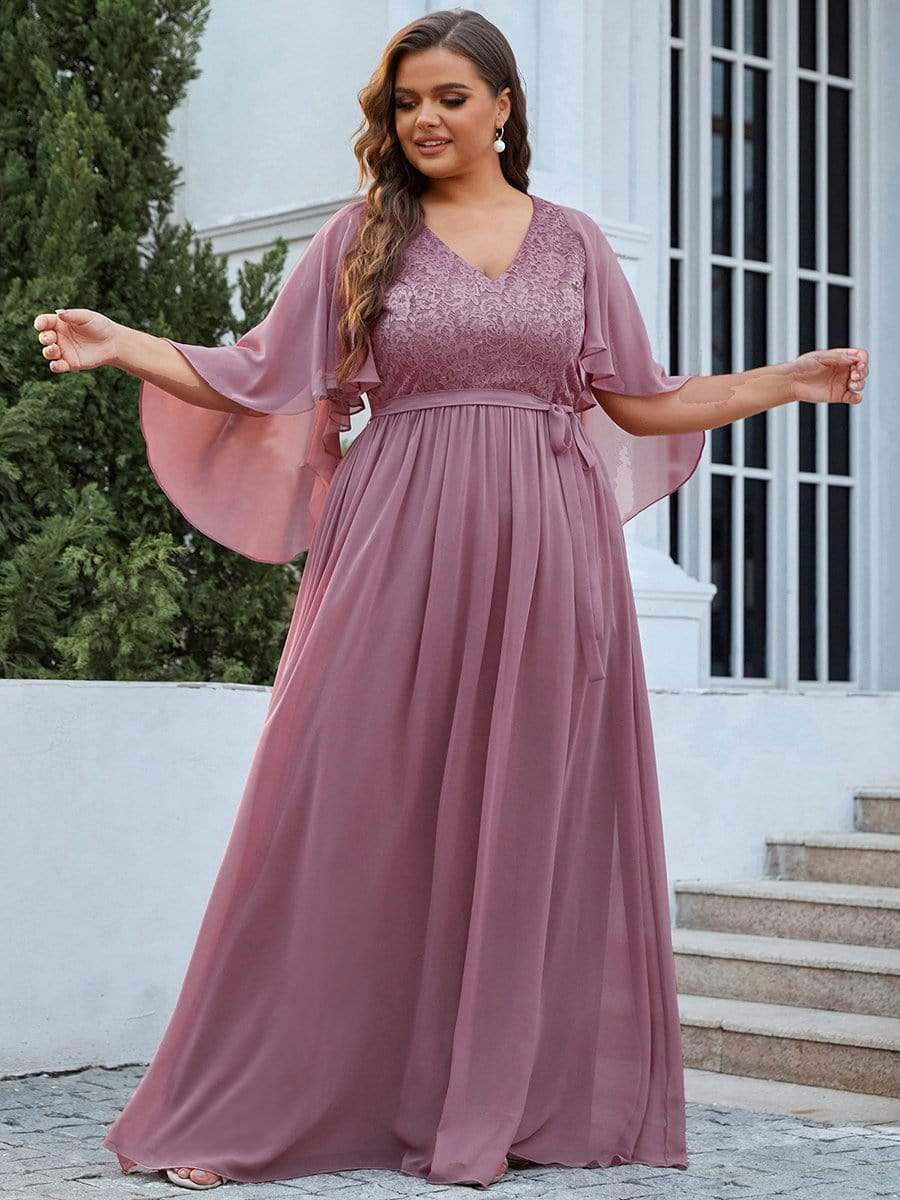 Women's Floor Length Deep V Neck Plus Size Evening Dress with Lace