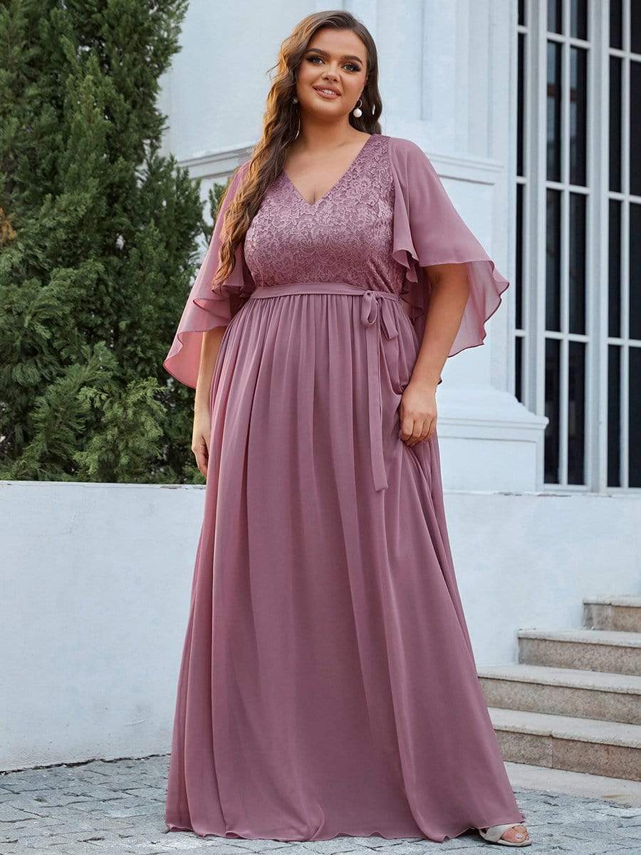 Women's Floor Length Deep V Neck Plus Size Evening Dress with Lace