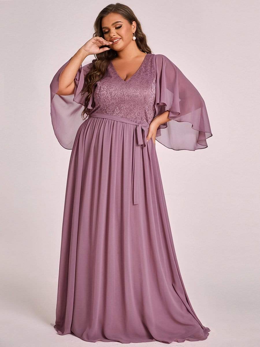 Women's Floor Length Deep V Neck Plus Size Evening Dress with Lace