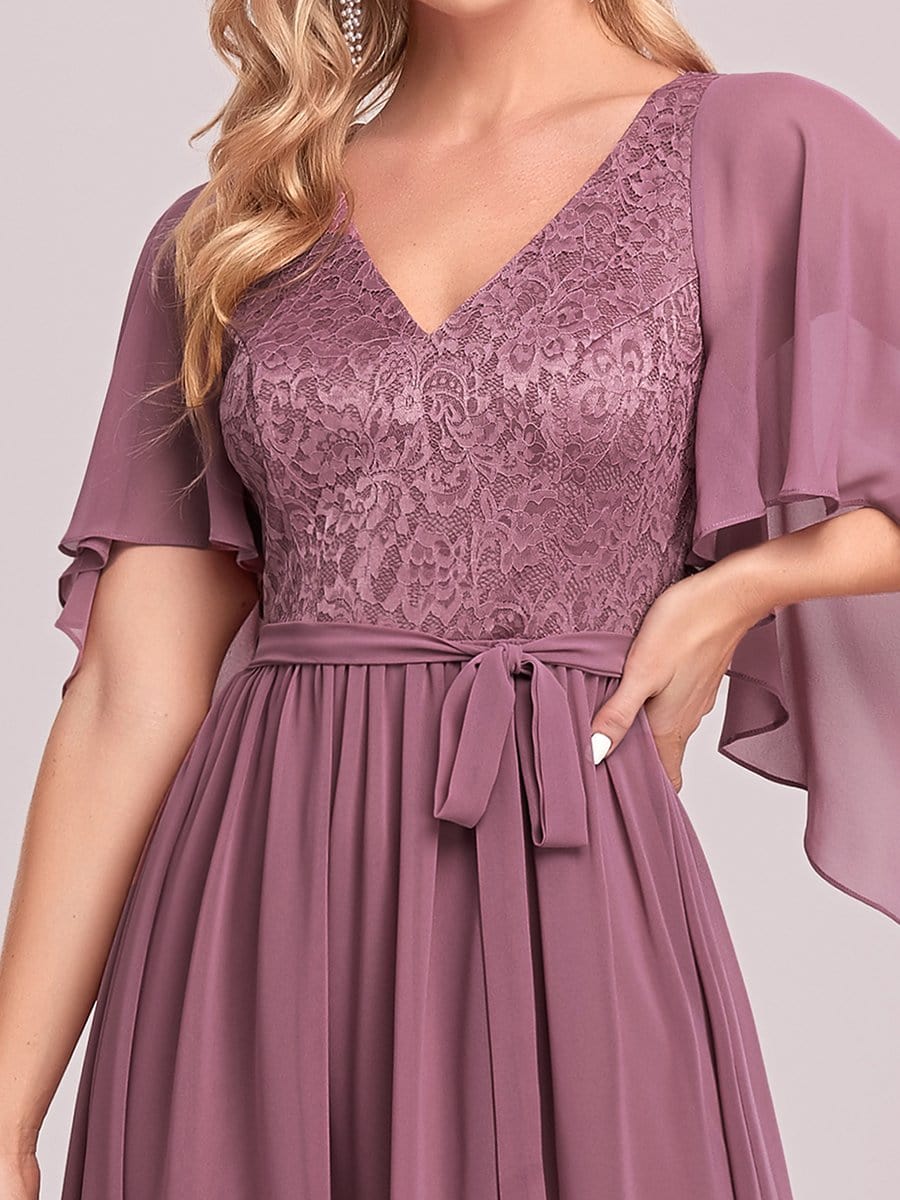 Elegant Maxi V Neck Chiffon Wedding Guest Dress with Sleeves